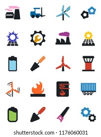 Color and black flat icon set - airport tower vector, fork loader, gear, factory, trowel, saw, truck trailer, flammable, battery, root setup, sun panel, windmill, water heater