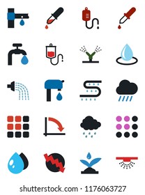 Color and black flat icon set - crisis graph vector, watering, water drop, rain, drip irrigation, dropper, menu, supply, sprinkler