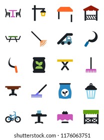 Color and black flat icon set - cafe vector, ladder car, rake, sickle, garden light, picnic table, fertilizer, bike, restaurant, alcove