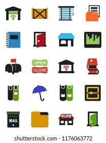 Color and black flat icon set - umbrella vector, shop, book, store, container, scanner, folder, copybook, document, mailbox, open close, jalousie, garage gate control, door