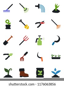Color and black flat icon set - job vector, garden fork, shovel, farm, rake, watering, sproute, pruner, boot, seedling, sickle, sprayer, fertilizer, flower in pot, irrigation