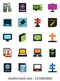 Color and black flat icon set - passport vector, office binder, notebook pc, document, signpost, monitor, laptop, notes, photo gallery, presentation board, blank box, pass card, guidepost