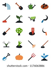 Color and black flat icon set - job vector, shovel, farm fork, rake, watering can, wheelbarrow, sproute, hoe, sickle, plant label, pumpkin, seeds, fruit tree, irrigation
