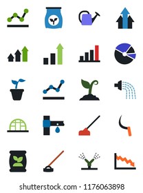 Color and black flat icon set - growth statistic vector, seedling, watering can, sproute, hoe, sickle, greenhouse, fertilizer, drip irrigation, bar graph, pie, point, arrow up, crisis