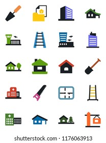 Color and black flat icon set - airport building vector, office, trowel, shovel, ladder, saw, hospital, house, with garage, tree, plan, estate document, city, crane