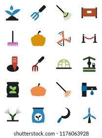 Color and black flat icon set - fence vector, garden fork, rake, well, sickle, plant label, pumpkin, greenhouse, fertilizer, drip irrigation, windmill