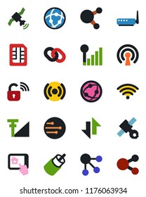 Color and black flat icon set - satellite vector, network, share, chain, rca, sim, data exchange, cellular signal, wireless, lock, router, home control app, social media