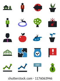 Color and black flat icon set - bomb in case vector, left arrow, manager, seedling, plant label, greenhouse, pond, fertilizer, important flag, application, point graph, house with tree, fruit, apple