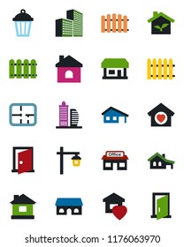 Color and black flat icon set - fence vector, house, garden light, store, office building, with garage, plan, sweet home, cafe, eco, door