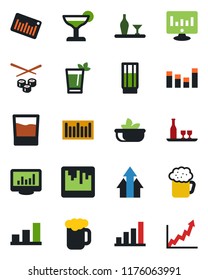 Color and black flat icon set - statistic monitor vector, barcode, equalizer, scanner, statistics, bar graph, alcohol, drink, cocktail, phyto, beer, salad, sushi, arrow up, growth