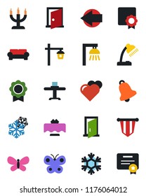 Color and black flat icon set - left arrow vector, pennant, butterfly, garden light, heart, bell, sertificate, desk lamp, cushioned furniture, restaurant table, candle, snowflake, outdoor, door