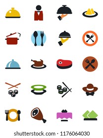 Color and black flat icon set - spoon and fork vector, waiter, dish, restaurant table, serviette, cafe, plates, dress code, chicken, steak, ham, steaming pan, sushi