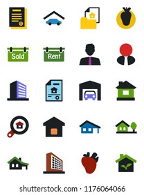 Color and black flat icon set - office building vector, house, real heart, contract, with garage, tree, estate document, rent, sold signboard, search, agent, smart home, eco