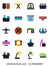 Color and black flat icon set - baby room vector, reception, flight table, desk, meeting, manager place, picnic, lamp, restaurant, cafe, reserved, salt and pepper, serviette