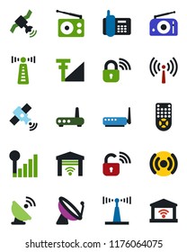 Color and black flat icon set - antenna vector, satellite, office phone, radio, remote control, cellular signal, wireless lock, router, garage gate