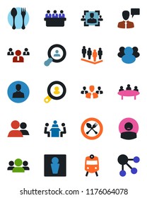 Color and black flat icon set - spoon and fork vector, train, male, speaking man, team, meeting, patient, group, user, hr, client search, social media