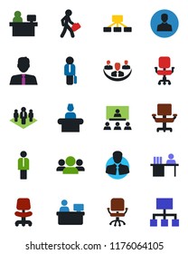 Color and black flat icon set - reception vector, manager, office chair, place, client, user, company, desk, hierarchy, estate agent, group