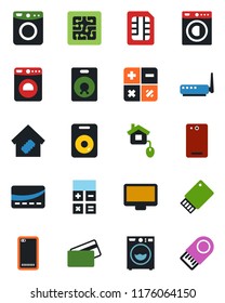 Color and black flat icon set - washer vector, calculator, monitor, speaker, phone back, sim, smart home, credit card, control, chip, router, usb flash