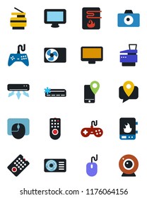 Color and black flat icon set - camera vector, mouse, mobile tracking, gamepad, monitor, copier, air conditioner, remote control, water heater, web