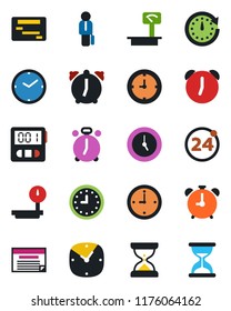 Color and black flat icon set - 24 around vector, alarm clock, heavy scales, stopwatch, manager, schedule, sand