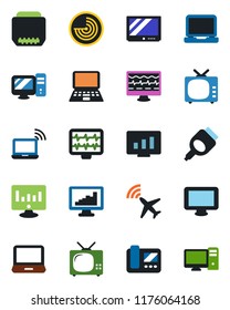 Color and black flat icon set - plane radar vector, wireless notebook, pc, statistic monitor, pulse, tv, laptop, hdmi, statistics, intercome