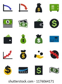 Color and black flat icon set - credit card vector, safe, dollar sign, money bag, crisis graph, cash, receipt, wallet, growth, investment