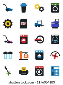 Color and black flat icon set - coffee machine vector, washer, fork loader, gear, ripper, lawn mower, tomography, printer, copier, crane, water filter, combination lock