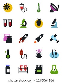 Color and black flat icon set - satellite antenna vector, blood test vial, dropper, microscope, ampoule, real heart, virus, sd, thermometer, rocket, flask