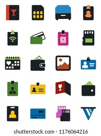 Color and black flat icon set - credit card vector, identity, medical calendar, gallery, sd, sim, archive box, wine, pass, wallet, pennon