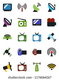 Color and black flat icon set - antenna vector, satellite, radio, loudspeaker, tv, video camera, wireless