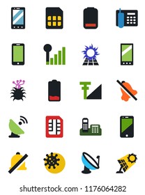 Color and black flat icon set - mobile phone vector, virus, satellite antenna, cell, low battery, sim, mute, cellular signal, office, sun panel