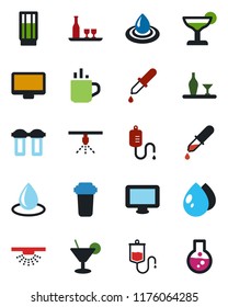 Color and black flat icon set - hot cup vector, water drop, dropper, monitor, alcohol, drink, cocktail, filter, sprinkler, flask