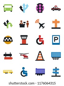 Color and black flat icon set - airport tower vector, plane radar, taxi, bus, parking, passport control, signpost, alarm car, border cone, helicopter, disabled, route, traffic light, truck trailer