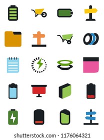 Color and black flat icon set - notepad vector, presentation board, wheelbarrow, signpost, battery, low, folder, charge, blank box, plates, guidepost