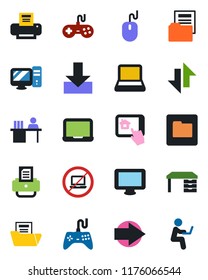 Color and black flat icon set - no laptop vector, right arrow, mouse, desk, notebook pc, printer, gamepad, monitor, folder, data exchange, download, document, manager, home control app, man with