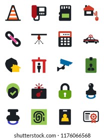 Color and black flat icon set - security gate vector, alarm car, bomb in case, border cone, identity card, shield, chain, sd, stamp, lock, home control, intercome, protect, combination, surveillance