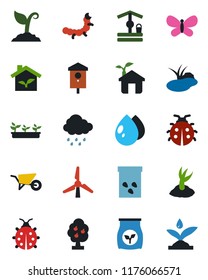 Color and black flat icon set - wheelbarrow vector, sproute, butterfly, lady bug, seedling, water drop, rain, well, seeds, caterpillar, pond, bird house, fertilizer, windmill, fruit tree, eco