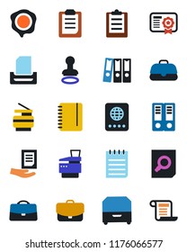 Color and black flat icon set - passport vector, stamp, office binder, document search, notepad, clipboard, case, paper, tray, archive box, copier, certificate, contract