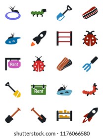 Color and black flat icon set - job vector, garden fork, shovel, lady bug, caterpillar, pond, rack, rent, bacon, rocket