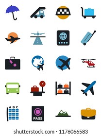 Color and black flat icon set - plane vector, runway, taxi, suitcase, baggage trolley, airport bus, umbrella, passport, ladder car, helicopter, seat map, luggage storage, scales, globe, mountains