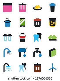 Color and black flat icon set - trash bin vector, shower, bucket, tooth, mobile, blank box, water supply, bathroom, serviette, filter, windmill