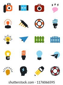 Color and black flat icon set - automatic door vector, brainstorm, bulb, camera, pencil, fence, rolling pin, energy saving, shining head, idea, paper plane, crisis management