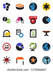 Color and black flat icon set - no laptop vector, ticket office, globe, document reload, pills, earth, pie graph, table, police, alarm led