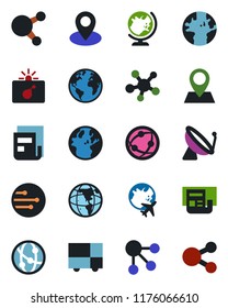 Color and black flat icon set - satellite antenna vector, bomb in case, globe, plane, earth, pin, consolidated cargo, network, share, news, social media