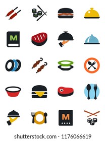 Color and black flat icon set - spoon and fork vector, dish, cafe, menu, plates, waiter, steak, kebab, hamburger, bowl, sushi