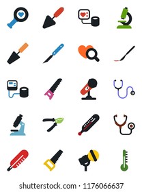 Color and black flat icon set - trowel vector, pruner, saw, stethoscope, blood pressure, thermometer, heart diagnostic, microscope, scalpel, microphone