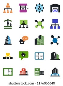 Color and black flat icon set - hierarchy vector, well, molecule, hospital, office building, garage, plan, home message