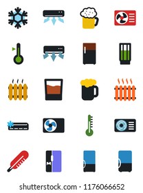 Color and black flat icon set - thermometer vector, heater, air conditioner, fridge, drink, beer, snowflake