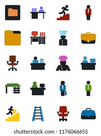 Color and black flat icon set - manager vector, desk, place, ladder, folder, career, cook, office chair, case