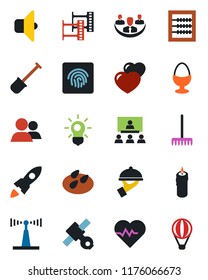 Color and black flat icon set - shovel vector, rake, seeds, heart pulse, satellite, film frame, antenna, group, fingerprint id, company, abacus, hierarchy, waiter, egg stand, candle, bulb, sound